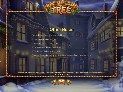 Happiest Christmas Tree in-game rules: 40 fixed lines at a cost of 40 coins, wins paid left to right