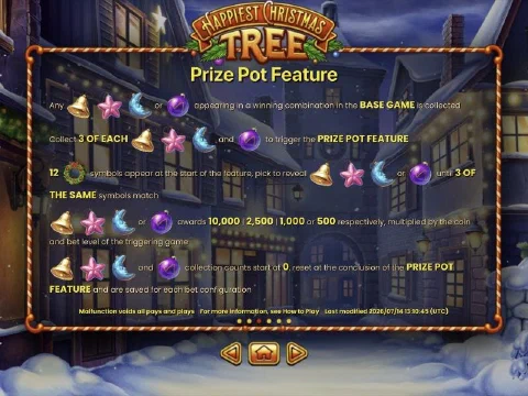 Happiest Christmas Tree Prize Pot rules: collect three of each ornament, pick until three match
